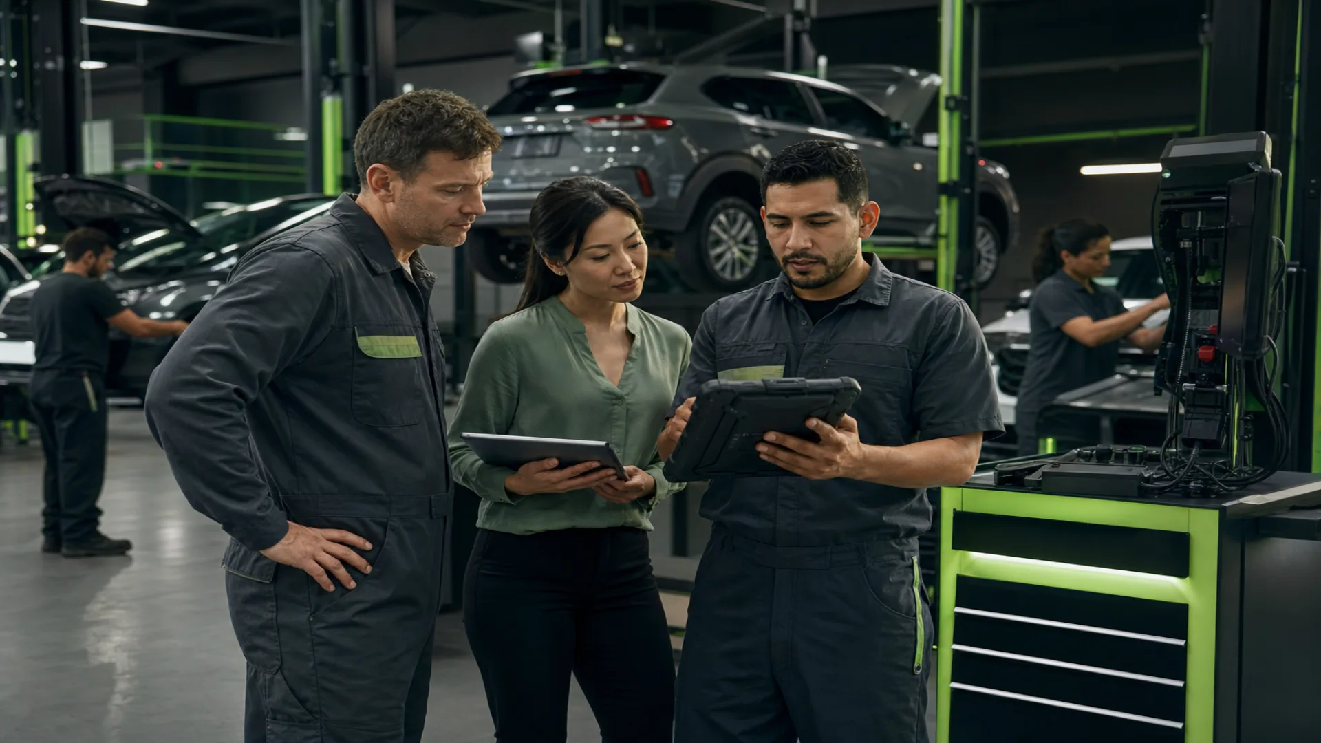 Technicians and service advisors collaborating inside the vascularisq workshop, 1920x1080