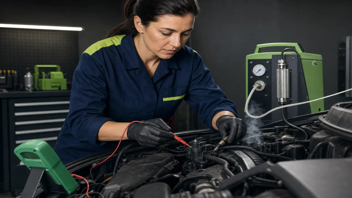 Technician testing an EVAP purge valve on a vehicle emissions system, 1200x675
