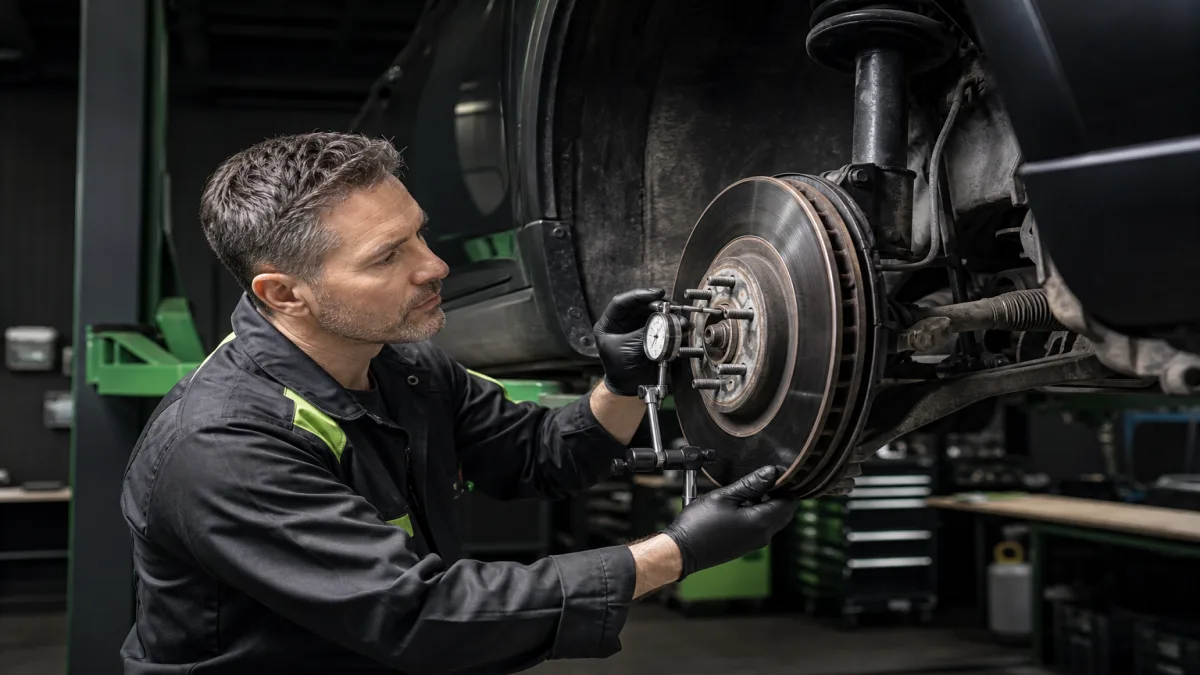 Mechanic inspecting front suspension and wheel balance components for steering vibration, 1200x675