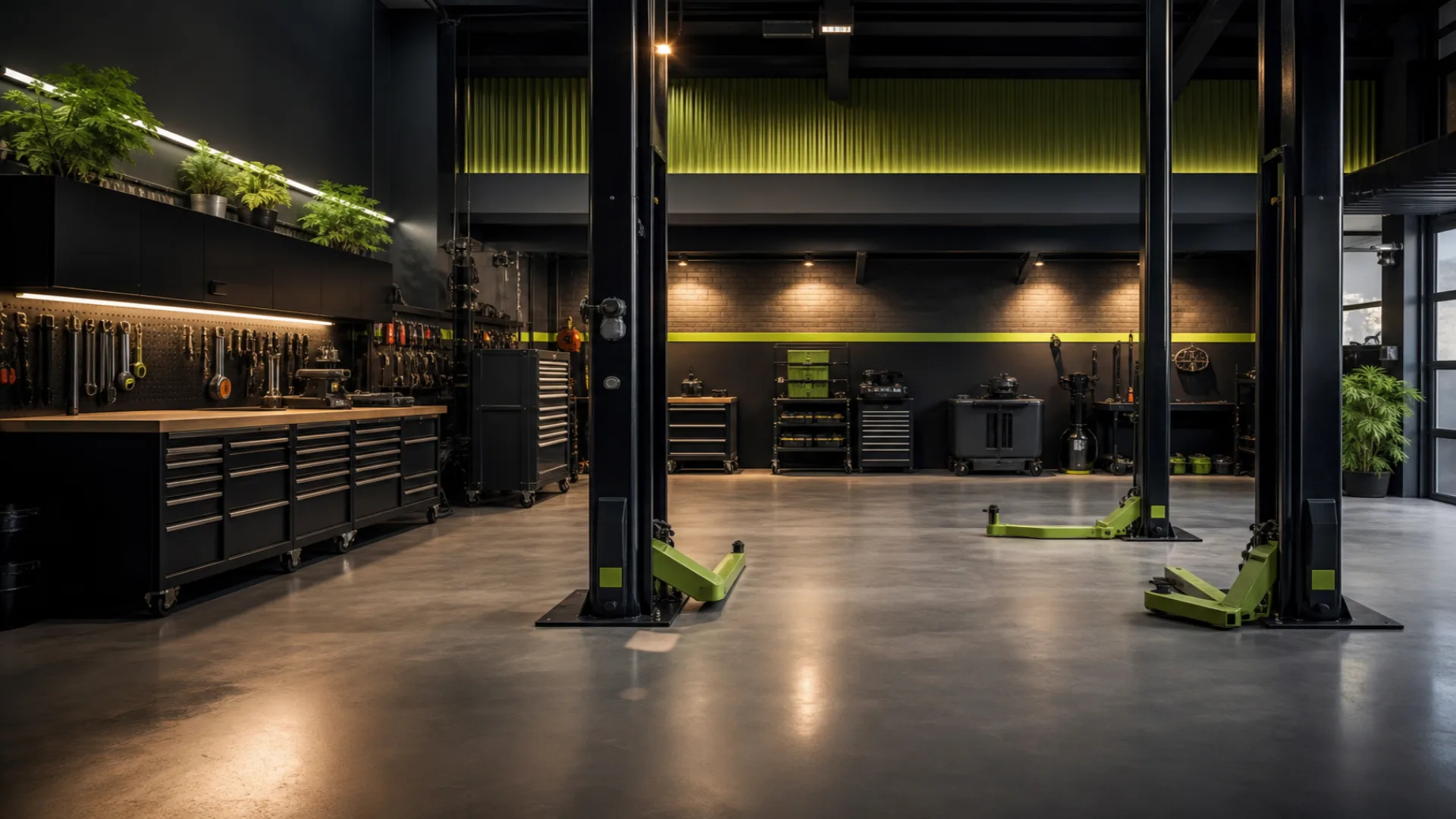 Professional auto repair workshop interior with lifts and tools, 1920x1080