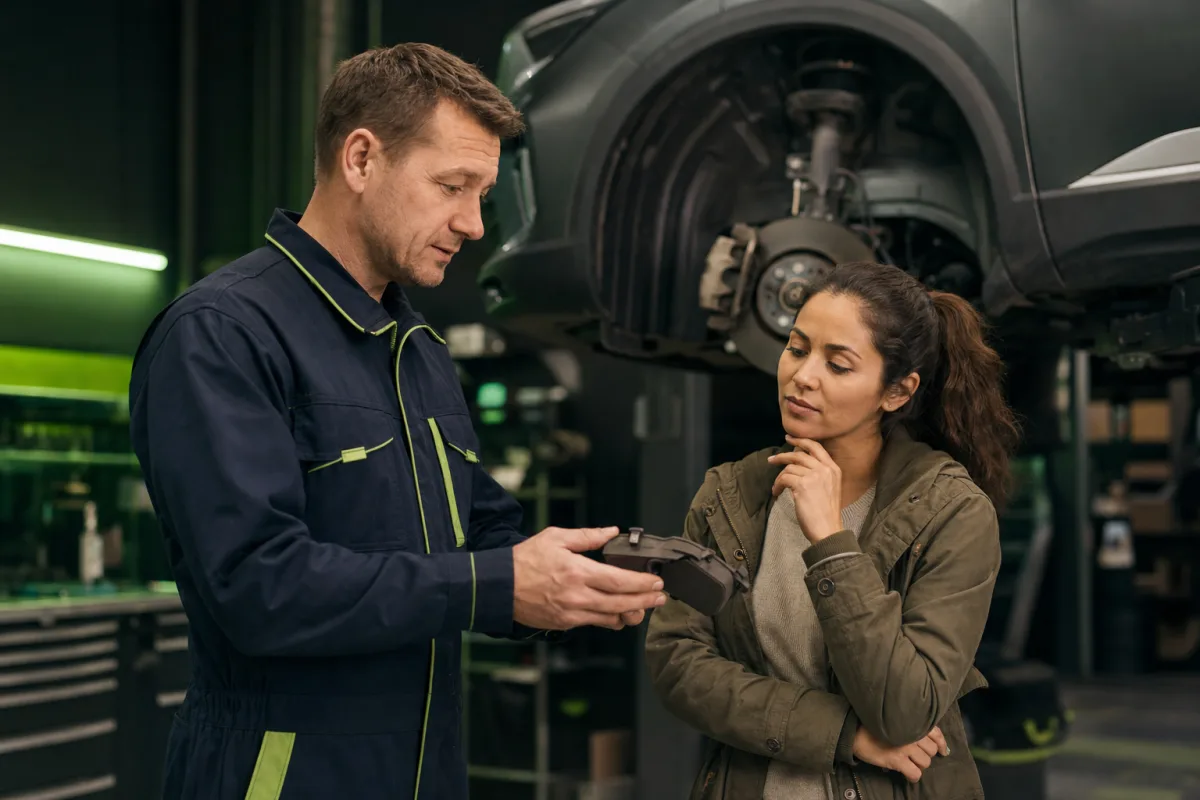 Auto technician discussing repair options with a vehicle owner in the service bay, 1200x800